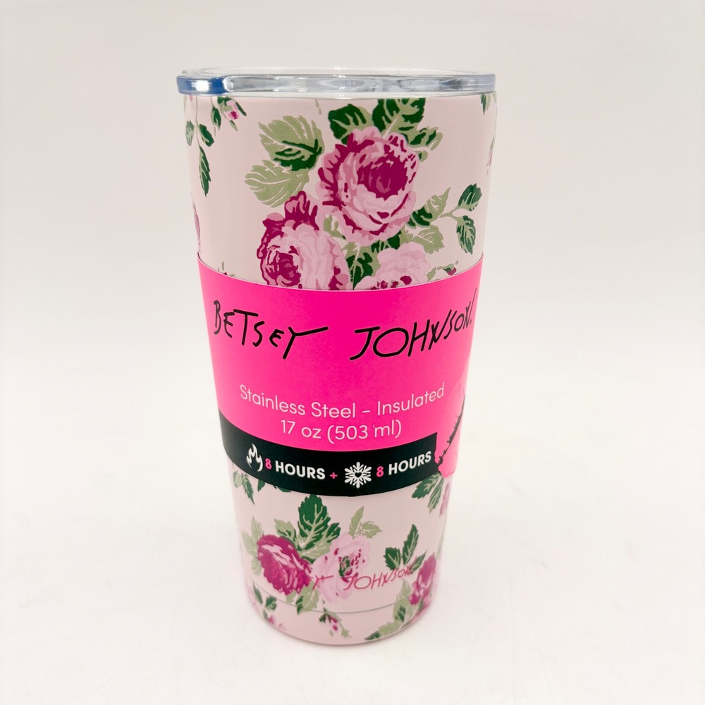 Betsey Johnson Pink Floral‎ Rose Stainless Insulated Tumbler 17oz Travel Mug